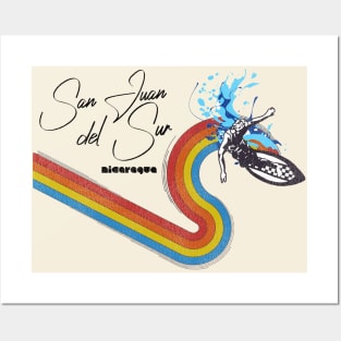 Retro 70s/80s Style Rainbow Surfing Wave Nicaragua Posters and Art